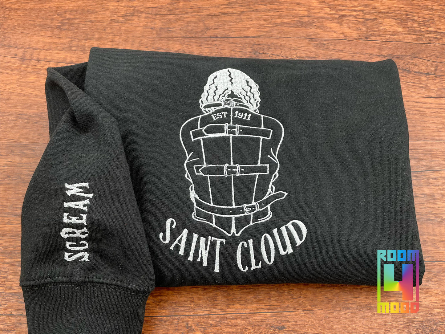 Embroidered Saint Cloud Crewneck, Asylum Scream Sleeve, Embroidered Crewneck, sweatshirt, Gift maker, Halloween, Spooky Season, Horror