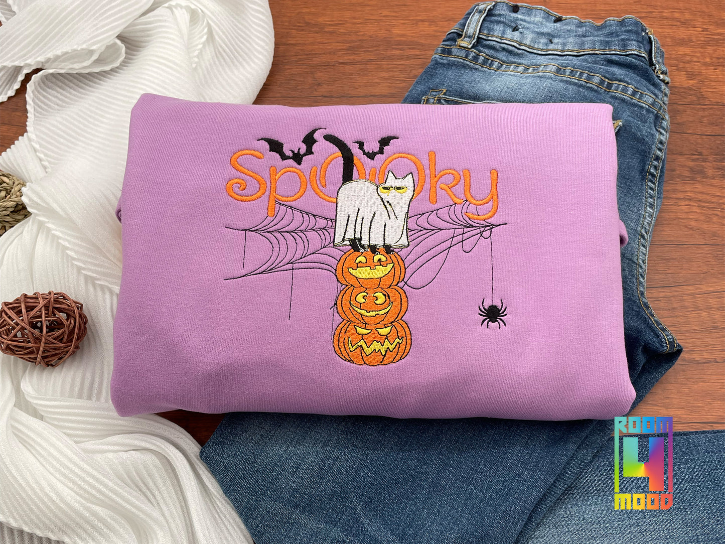 Spooky pumpkin cat, spider web and spider with bats Embroidered Crewneck, sweatshirt, Gift maker, Halloween, Spooky Season