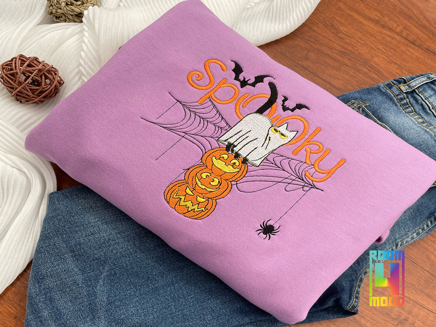 Spooky pumpkin cat, spider web and spider with bats Embroidered Crewneck, sweatshirt, Gift maker, Halloween, Spooky Season