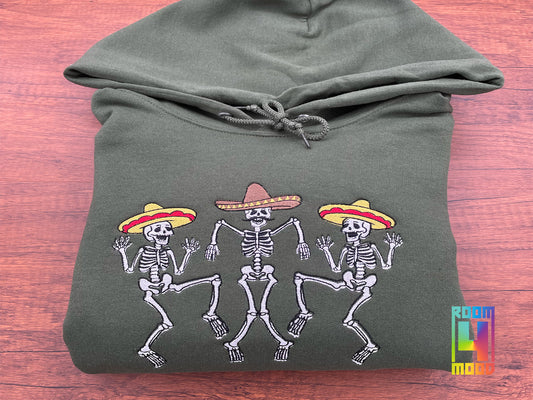 Embroidered Dancing skeletons Hoodie, Halloween, Horror, Fiesta Skeletons, Bones, Gift Maker, Halloween, Dance Party Hoodie, Sombrero Hoodie