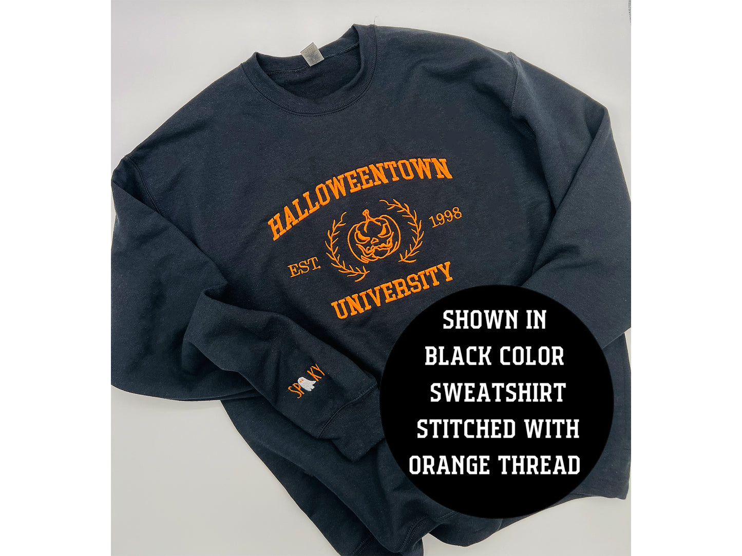 Halloweentown Embroidery Sweatshirt, Skpooky Ghost Sleeve