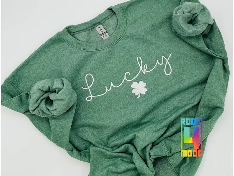 Lucky Embroidered Sweatshirt, Clover embroidery, St Patricks Day Sweatshirt, Saint Patrick's Pullover, Clovers, Simple Holiday Sweater,