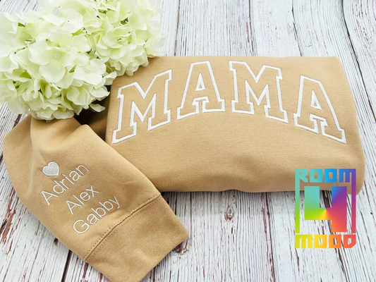 Personalized Embroidery Mama Sweatshirt with Kid Names on Sleeve, Mothers Gift, Birthday Mom, New Mom Gift, Minimalist Embroidered Sweater