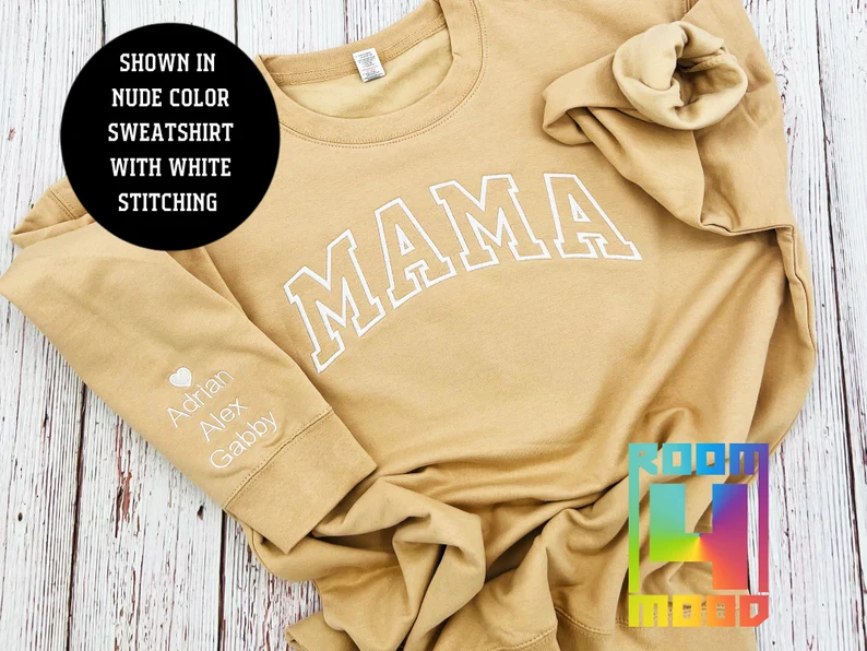 Personalized Embroidery Mama Sweatshirt with Kid Names on Sleeve, Mothers Gift, Birthday Mom, New Mom Gift, Minimalist Embroidered Sweater