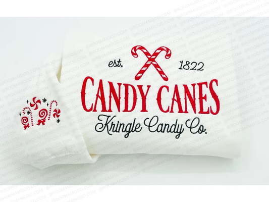 Santa Kringle Candy Canes Co Embroidered Sweatshirt, Christmas embroidery, holiday spirit, Sleeve candy embroidery