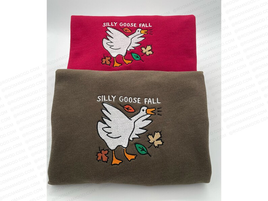 Embroidered Silly Goose Fall embroidery sweatshirt, Y2K Style Embroidered Crewneck, Leaves Fall