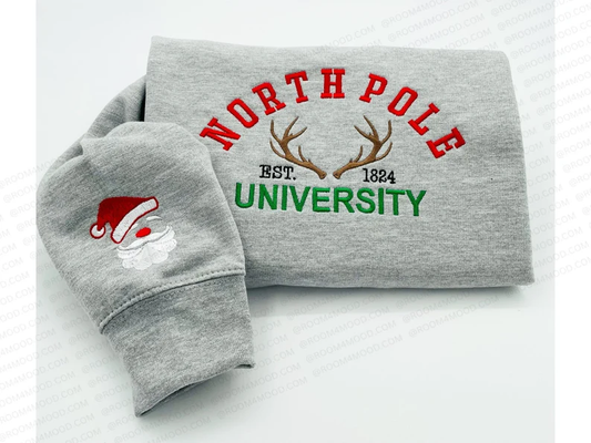 Embroidered Christmas North Pole University embroidery sweatshirt/Santa Hat sleeve, Y2K Style Embroidered Crewneck| Merry Bright Shirt