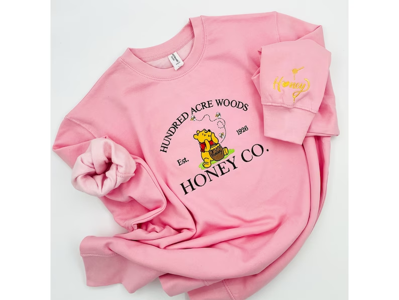 Embroidered Cute Bear Winnie Pooh embroidery sweatshirt/Fall Season, Y2K Style Crewneck, honey sleeve message, Personalized Gifts,