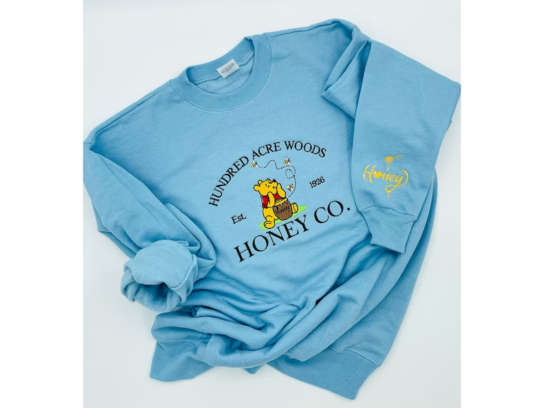 Embroidered Cute Bear Winnie Pooh embroidery sweatshirt/Fall Season, Y2K Style Crewneck, honey sleeve message, Personalized Gifts,