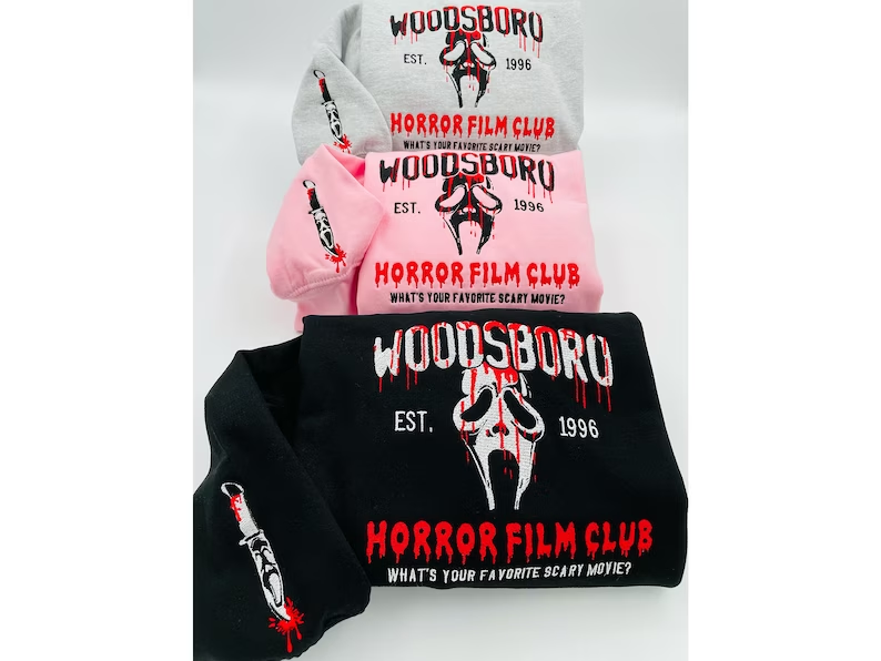 Embroidered Halloween embroidery sweatshirt/ Scream Horror Fils Club Season, Y2K Style Crewneck Favorite Movie, Woodsboro, sleeve message