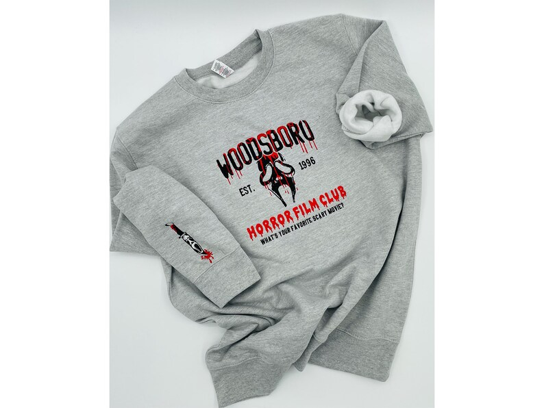 Embroidered Halloween embroidery sweatshirt/ Scream Horror Fils Club Season, Y2K Style Crewneck Favorite Movie, Woodsboro, sleeve message