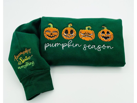 Embroidered Halloween embroidery sweatshirt/Fall Pumpkin Pie Season, Y2K Style Crewneck Thanksgiving Shirt, pumpkin spice, sleeve message