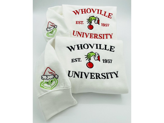 Christmas Sweatshirt, Whoville University Embroidered Sweatshirt, Christmas Embroidery Sweatshirt, Christmas Crewneck, Cute Sleeve