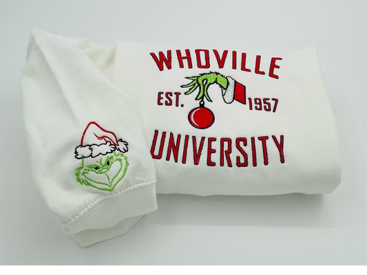 Christmas Sweatshirt, Whoville University Embroidered Sweatshirt, Christmas Embroidery Sweatshirt, Christmas Crewneck, Cute Sleeve