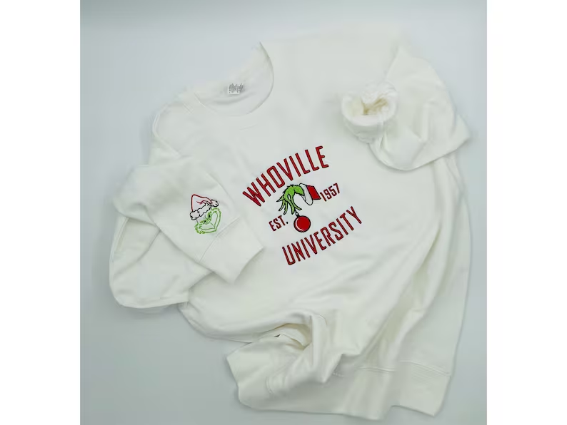 Christmas Sweatshirt, Whoville University Embroidered Sweatshirt, Christmas Embroidery Sweatshirt, Christmas Crewneck, Cute Sleeve