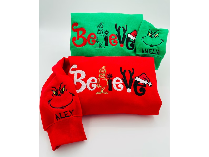 Embroidered Christmas Grinch believe embroidery sweatshirt/grinch face personalized sleeve, Y2K Style Crewneck| Merry Shirt, Santa SHIRT