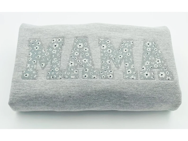 Custom Embroidered Sweatshirt Gift | Mothers Day | Spring Apparel | Floral personalized sleeve | Birthday Gift, mama, Tone on Tone shirt