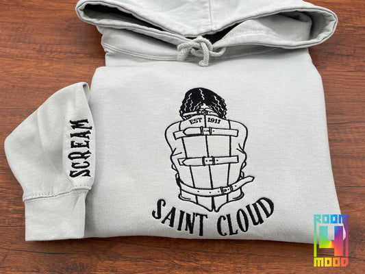 Embroidered Saint Cloud Crewneck, Asylum Scream Sleeve, Embroidered Crewneck, sweatshirt, Gift maker, Halloween, Spooky Season, Horror Hoodie (Copy)